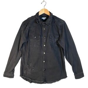Fashion Nova Men Denim Shirt Mens Small Black Distressed Frayed Streetwear